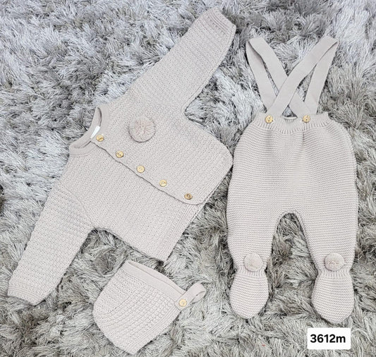 Beige Knitted dungarees with cardigan & bonnet