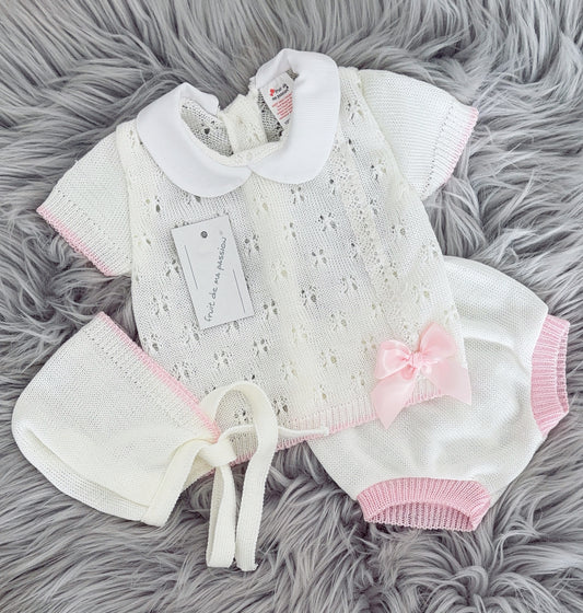 Portuguese white knitted jam set with bonnet - One size newborn-3m