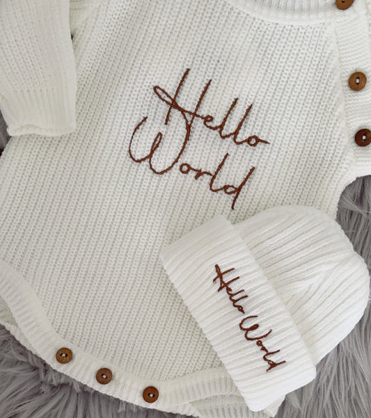 Baby knitted romper with hat “Hello world”