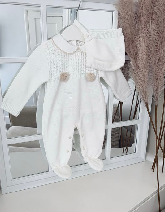 Unisex ivory knitted all in one with bonnet