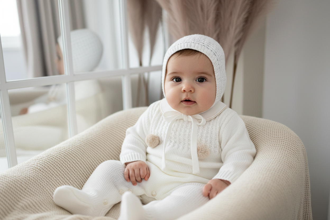 Unisex ivory knitted all in one with bonnet
