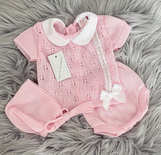 Portuguese pink knitted jam set with bonnet - One size newborn-3m