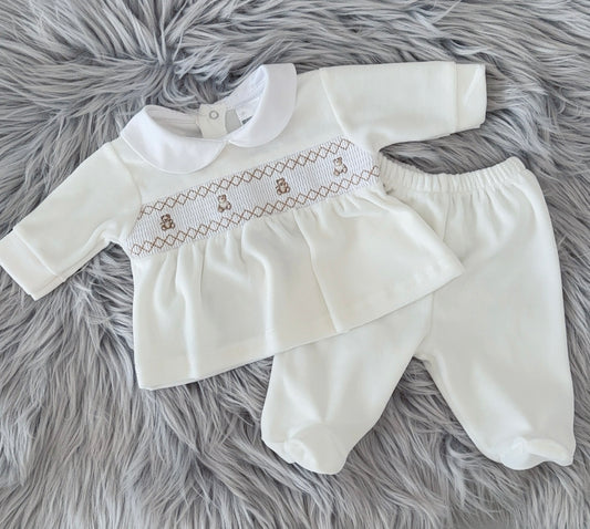 Ivory Smocked Teddy velour outfit