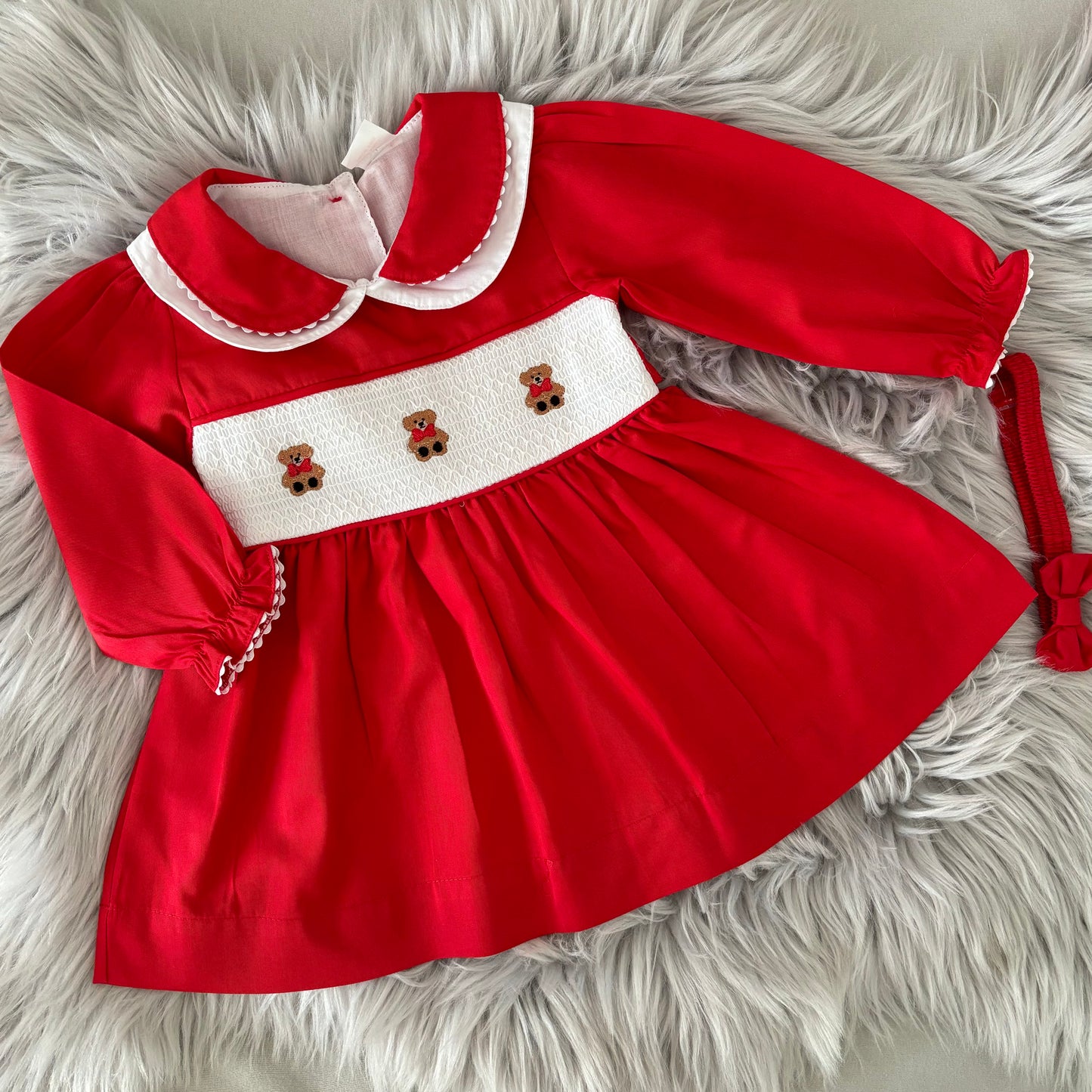 Baby girls smocked Teddy dress with knickers & headband