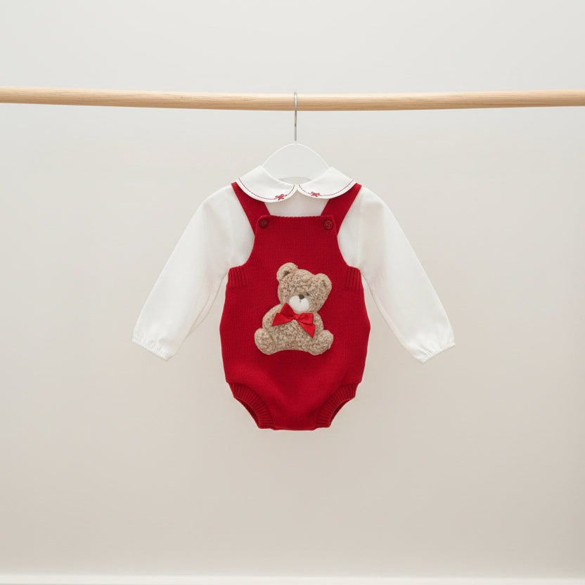 Red knitted  “Teddy" Dungaree Set