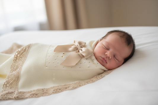 Crochet lace and ribbon shawl - Biscuit trim with biscuit bow