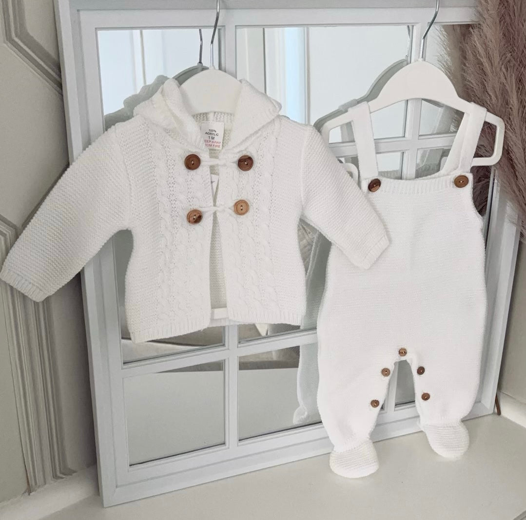 Unisex knitted dungarees and cardigan