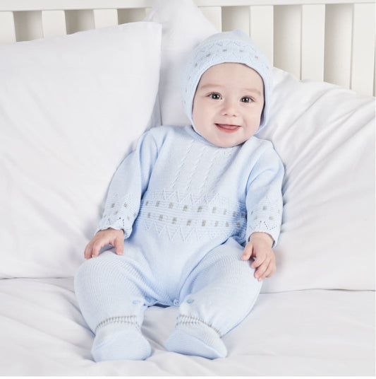 Baby boys dandelion knitted romper with bonnet