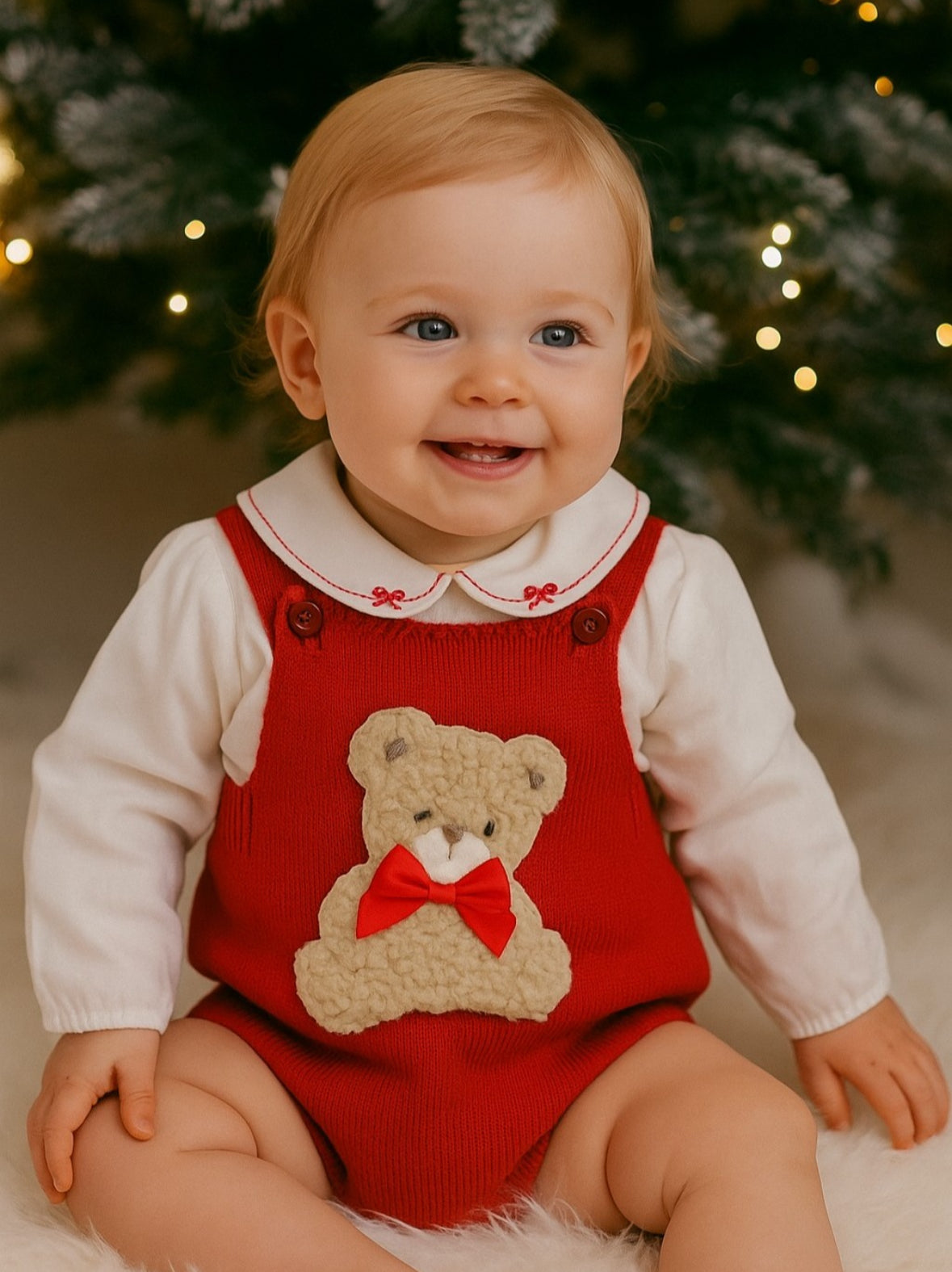 Red knitted  “Teddy" Dungaree Set