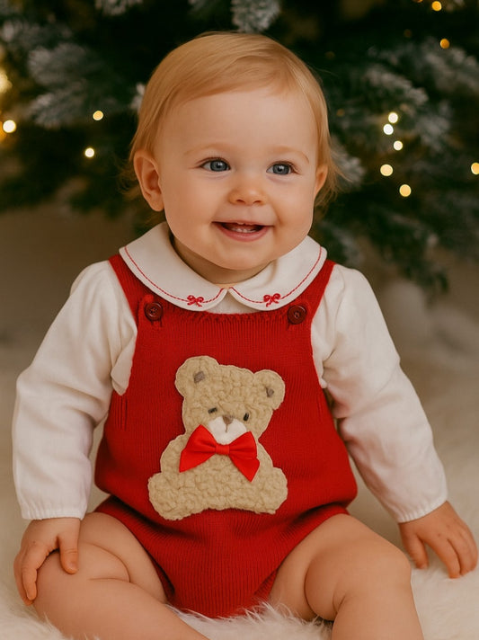 Red knitted  “Teddy" Dungaree Set