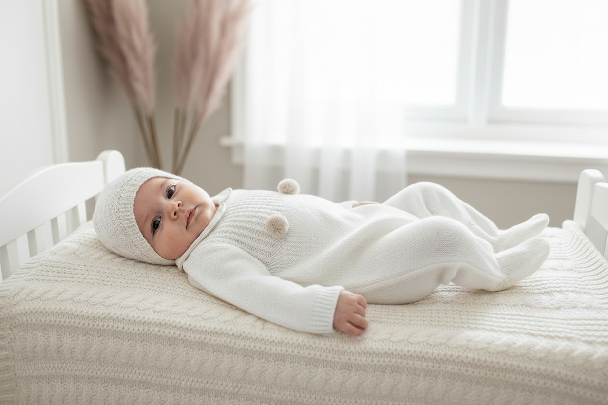 Unisex ivory knitted all in one with bonnet