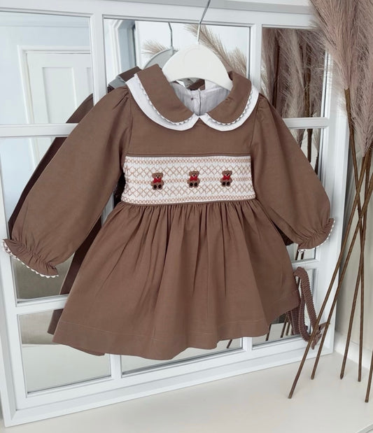 Baby girls smocked “Teddy” dress with headband and knickers