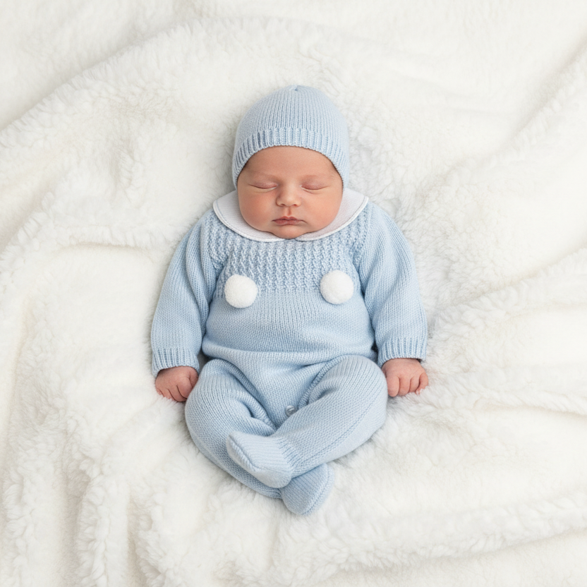 Baby boys knitted all in one with bonnet