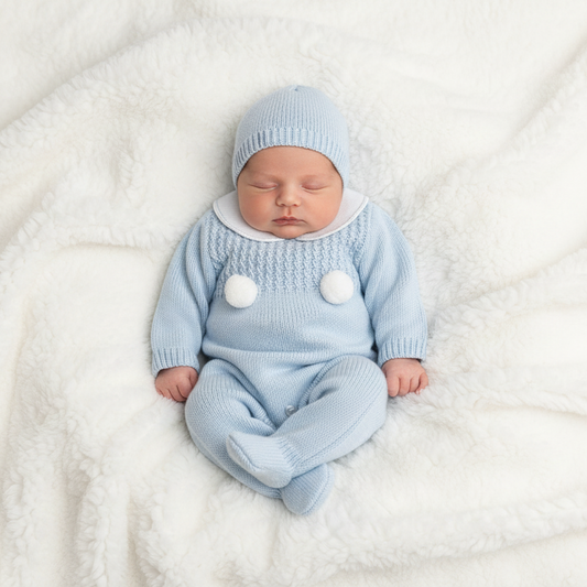 Baby boys knitted all in one with bonnet