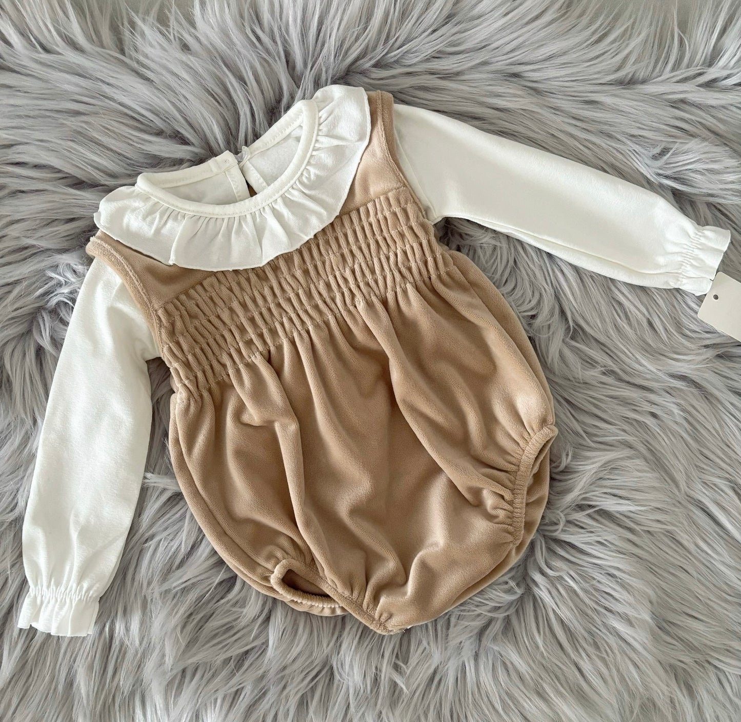 Baby girls beige Velour romper with frilled collar top