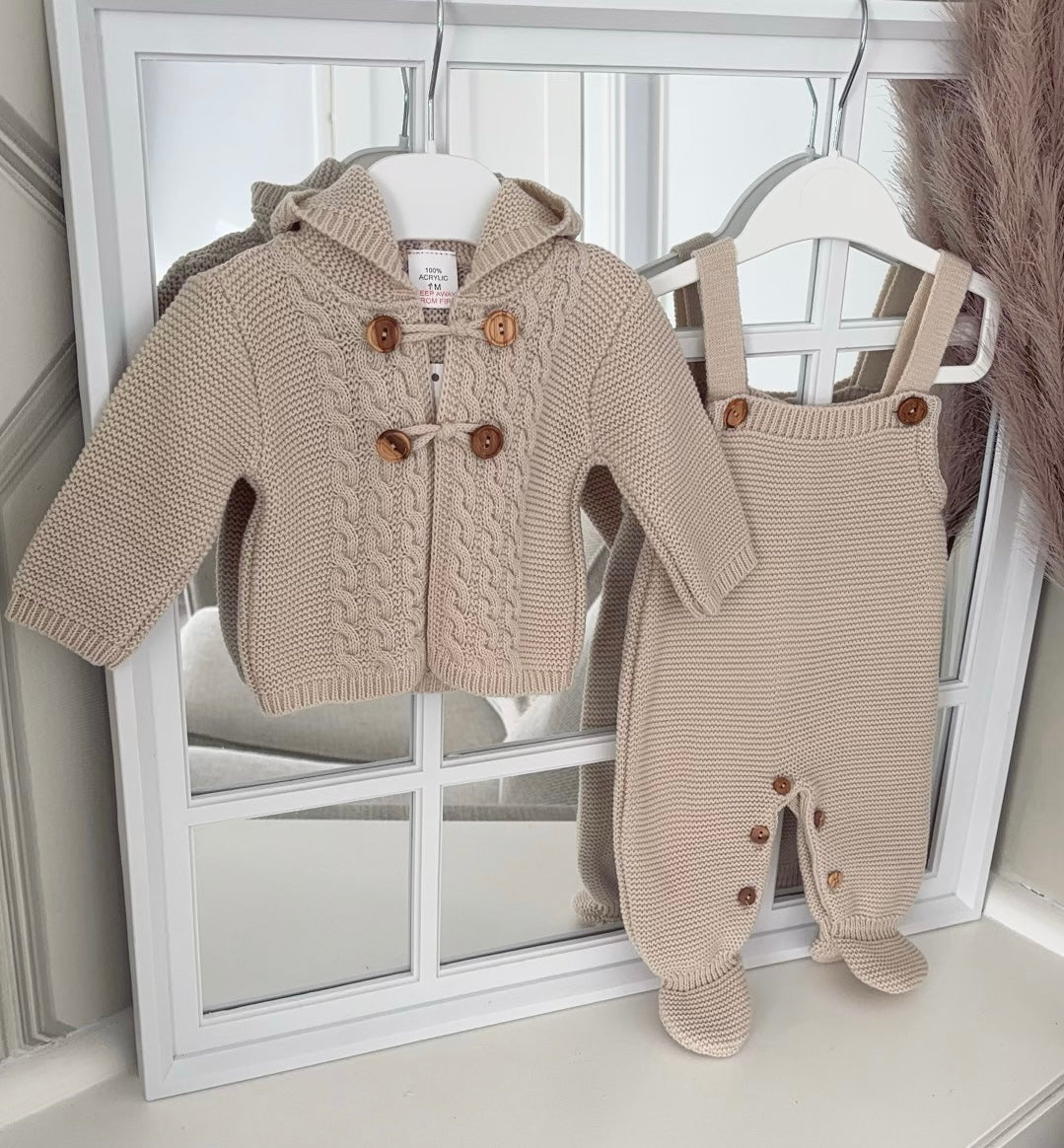 Unisex beige knitted dungarees and cardigan