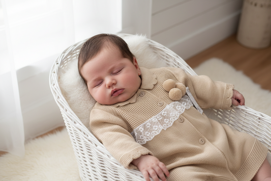 Baby girls knitted coat & bonnet with lace and pompoms