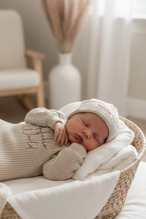 Unisex beige knitted romper with hat “Hello world”