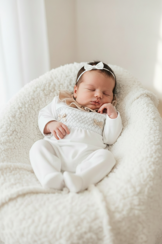 Baby girls smocked all in one with frilled collar
