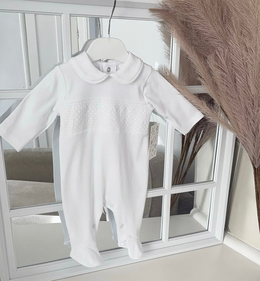 Unisex white smocked all in one
