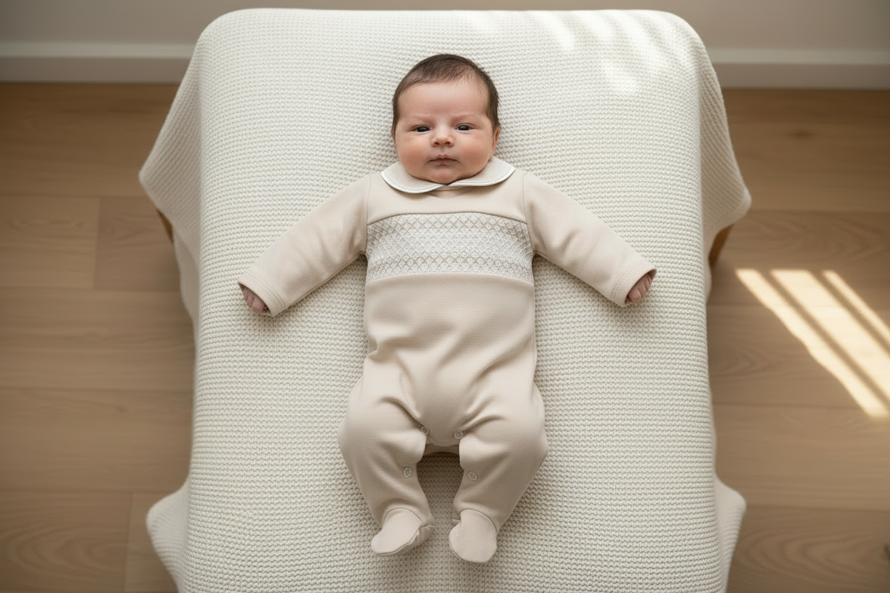 Unisex beige smocked all in one