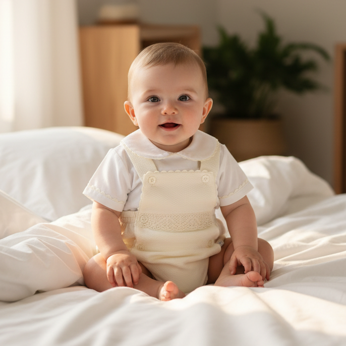 Baby boys cream waffle romper with shirt