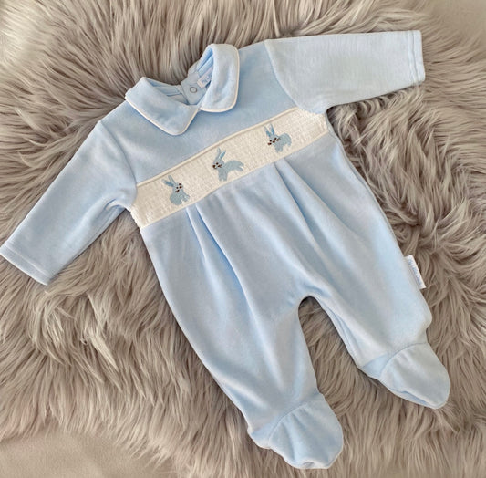 Baby boys Smocked “Bunny” velour all in one