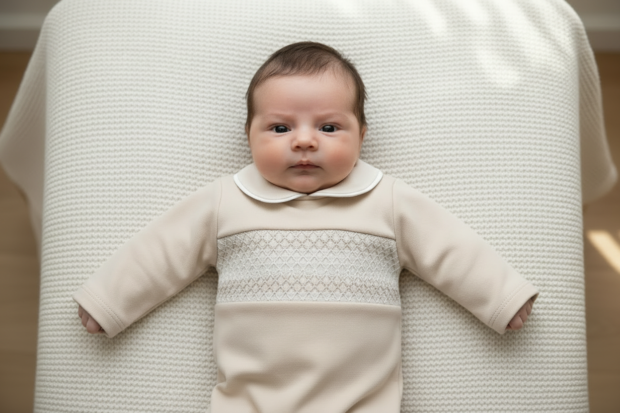 Unisex beige smocked all in one