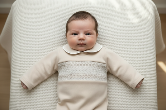 Unisex beige smocked all in one