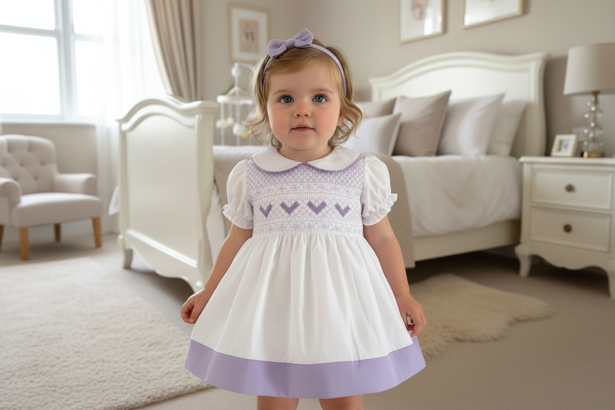 Baby girls smocked dress with knickers and headband