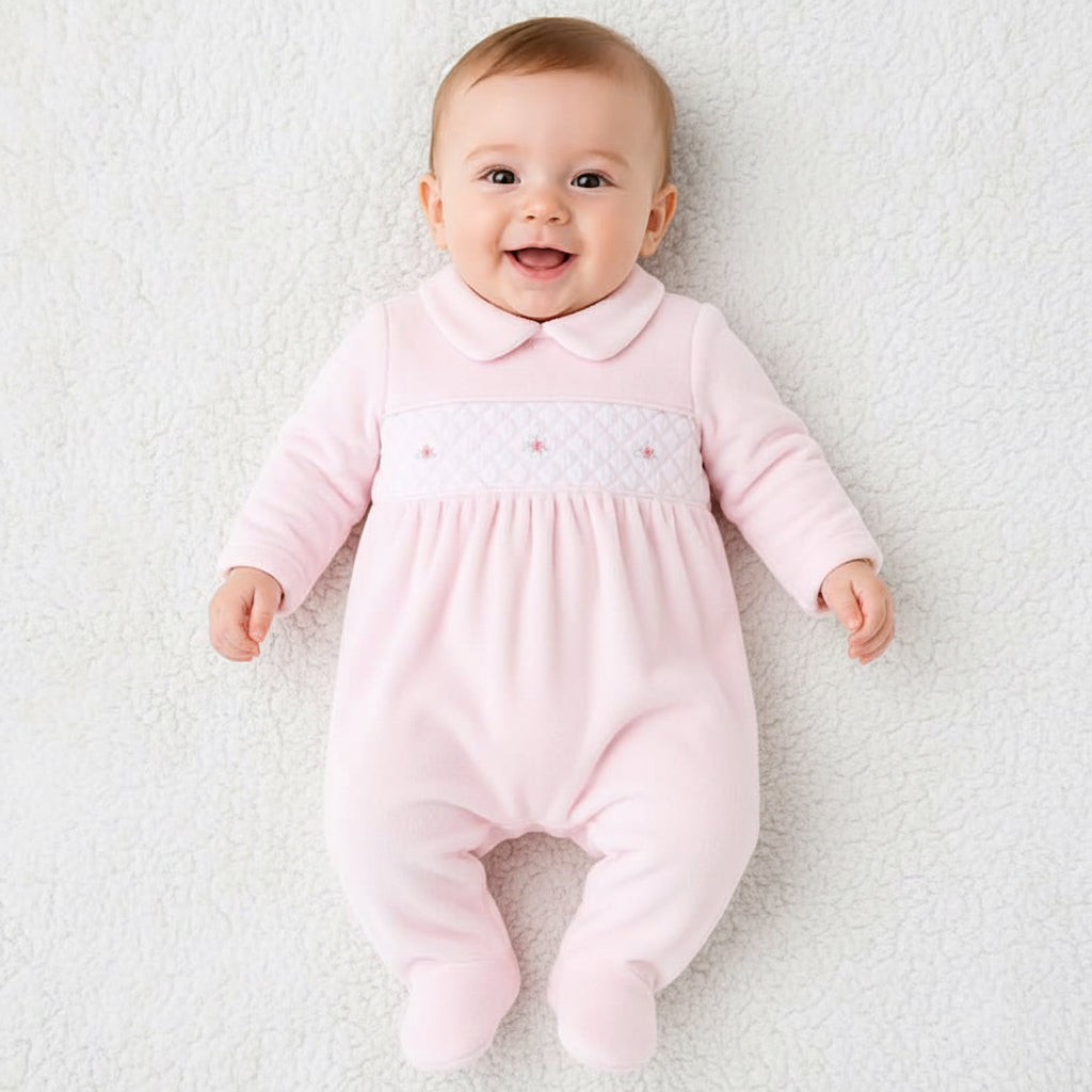 Baby girls Velour Floral Smocked all in one