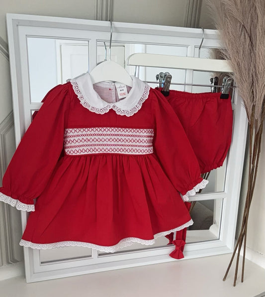 Baby girls red smocked dress set