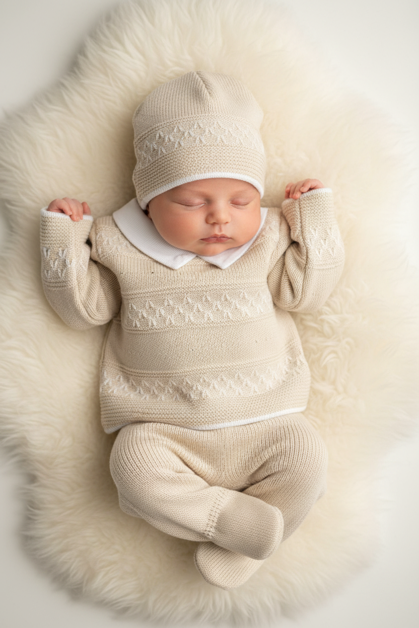 Baby boys beige  Portuguese knitted set with hat - one size newborn-3m