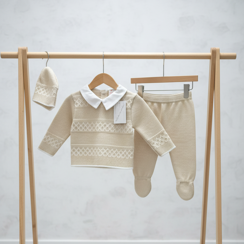 Baby boys beige  Portuguese knitted set with hat - one size newborn-3m