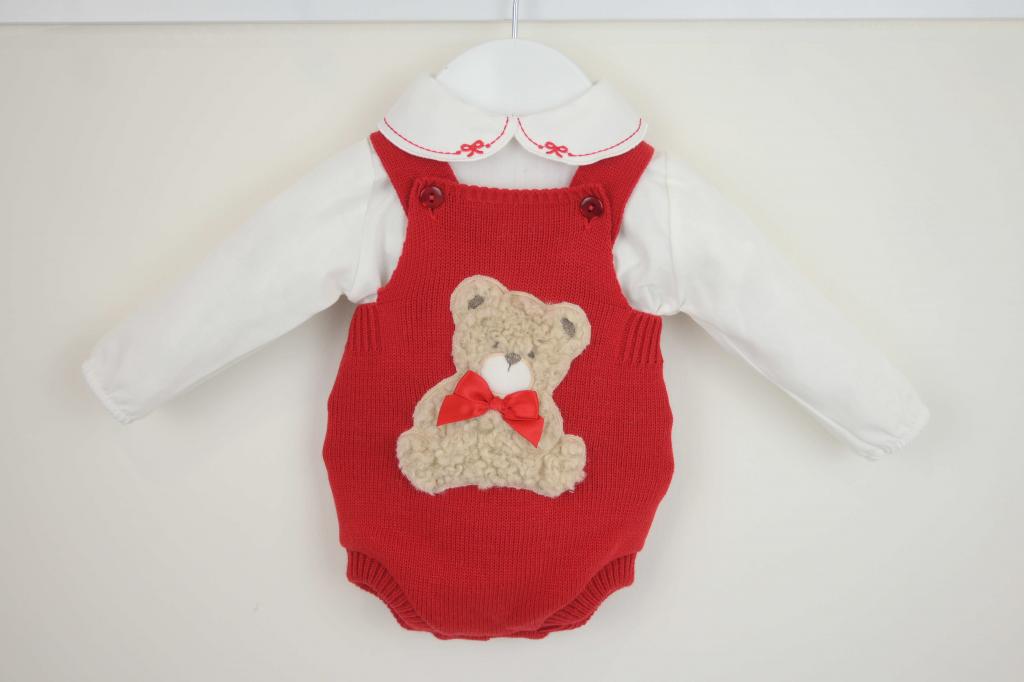 Red knitted  “Teddy" Dungaree Set