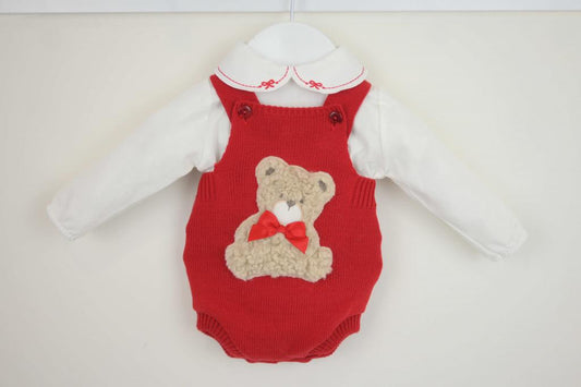 Red knitted  “Teddy" Dungaree Set