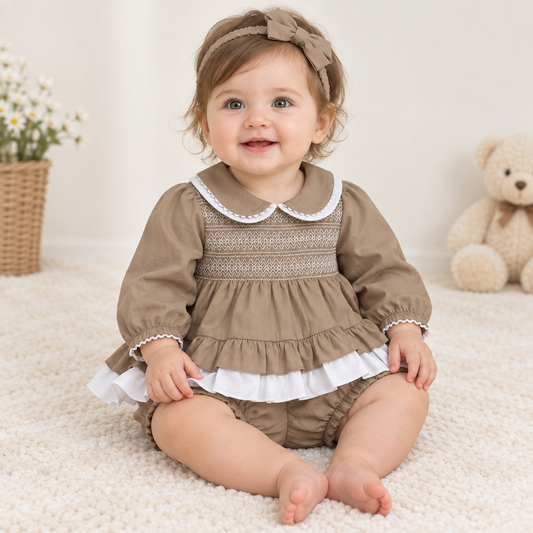 Baby girls Latte smocked top and bloomer set with matching headband