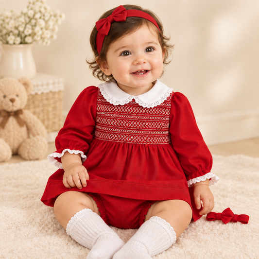 Baby girls red smocked dress with matching knickers &  headband