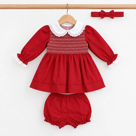 Baby girls red smocked dress with matching knickers &  headband