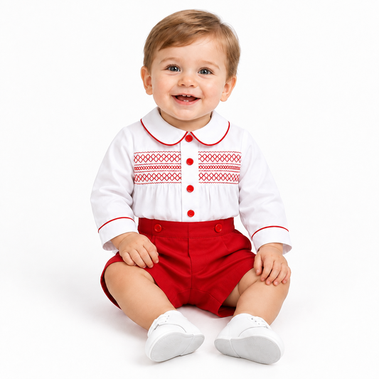 Baby boys red smocked two piece set