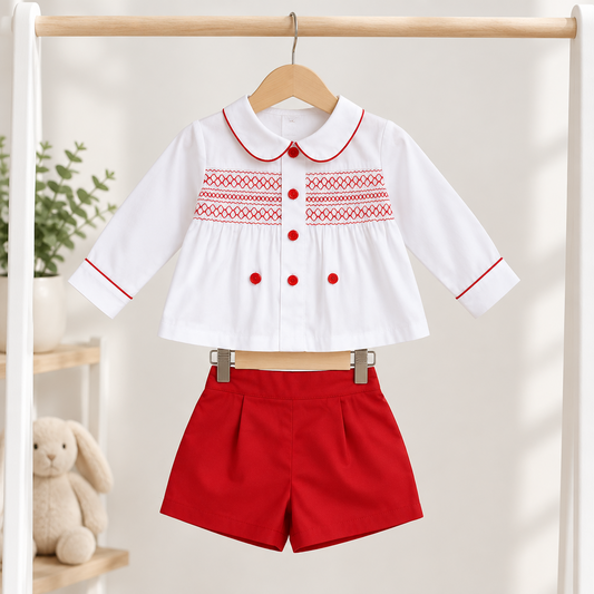 Baby boys red smocked two piece set