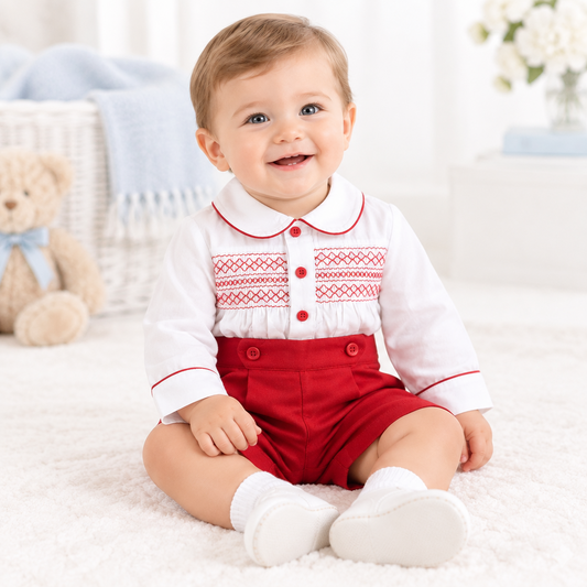 Baby boys red smocked two piece set