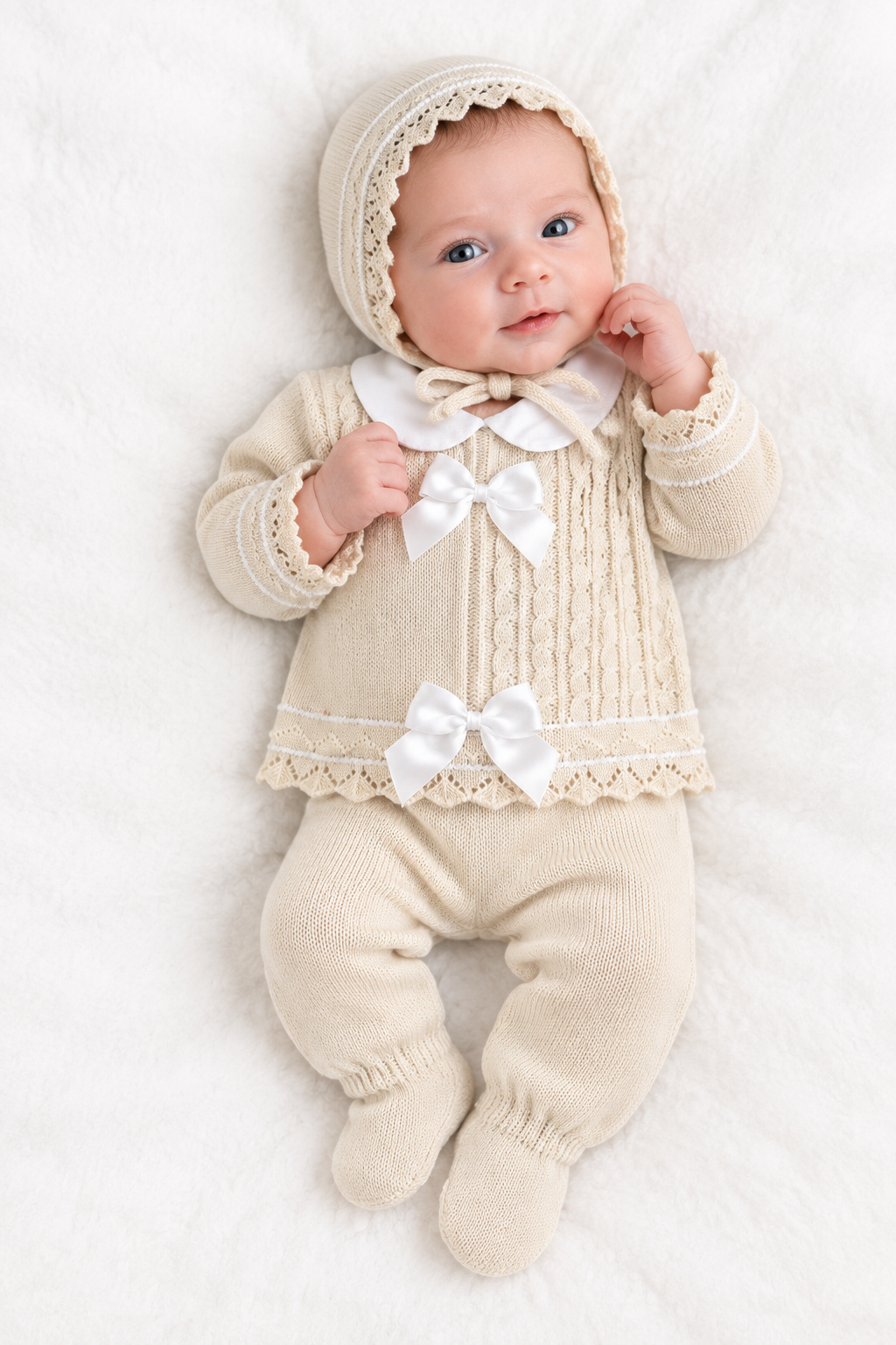 Baby girls Portuguese double bow knitted set with hat - One size only newborn-3m