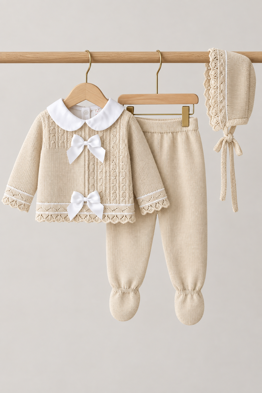 Baby girls Portuguese double bow knitted set with hat - One size only newborn-3m