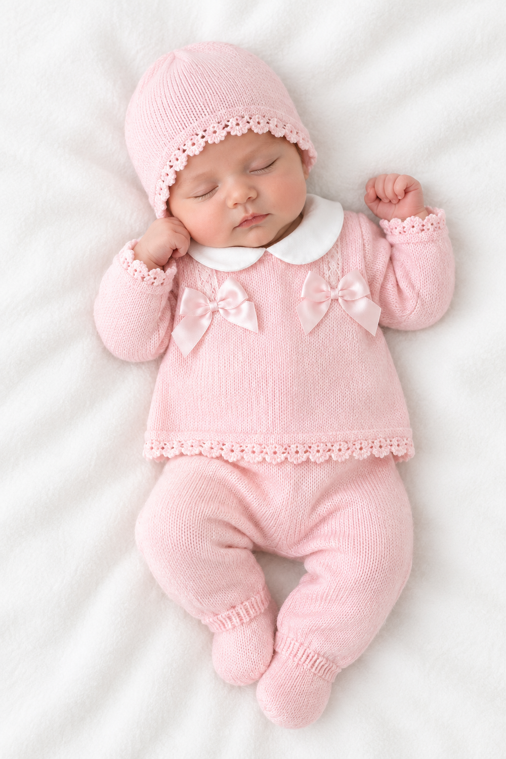 Baby girls Portuguese double bow knitted set with hat - One size only newborn-3m