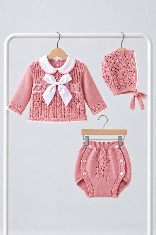Baby girls fine knit set with matching bonnet