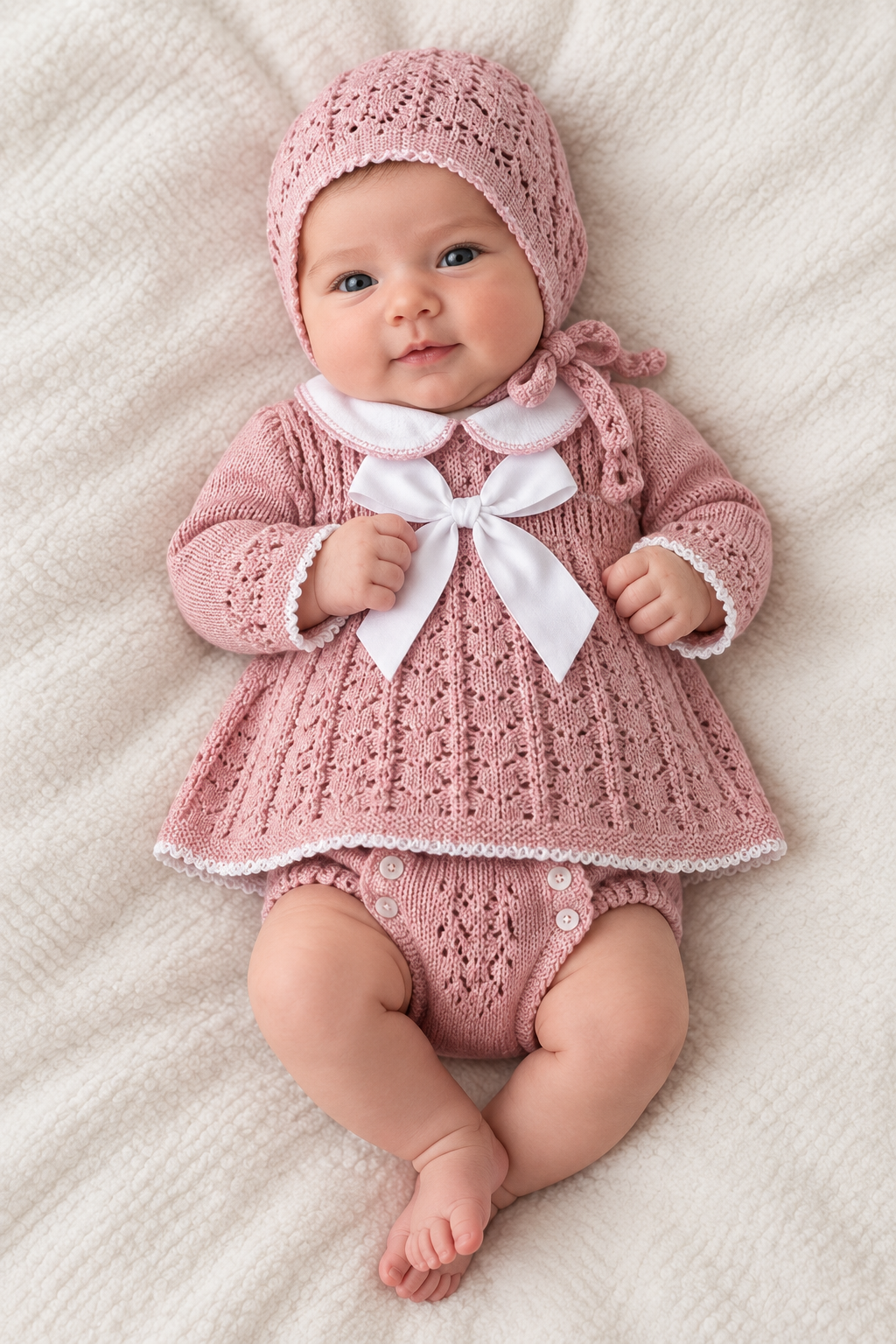 Baby girls fine knit set with matching bonnet