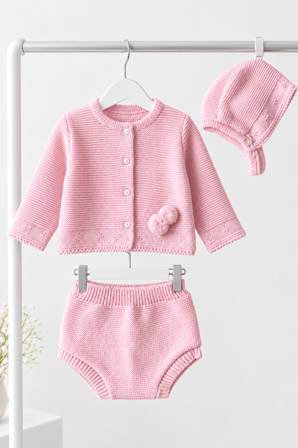 Baby girls knitted pompom cardigan set with bonnet