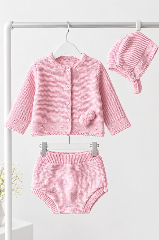 Baby girls knitted pompom cardigan set with bonnet