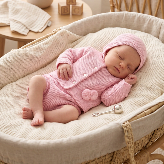 Baby girls knitted pompom cardigan set with bonnet